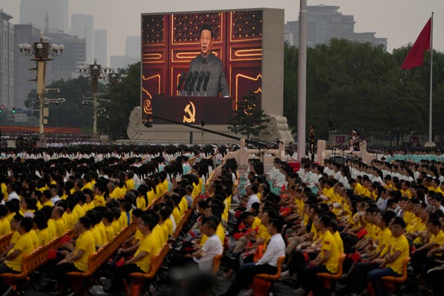 <p>Chinese President Xi Jinping speaks at a ceremony to mark the 100th anniversary of the Chinese Communist Party at Tiananmen Square in Beijing </p>
