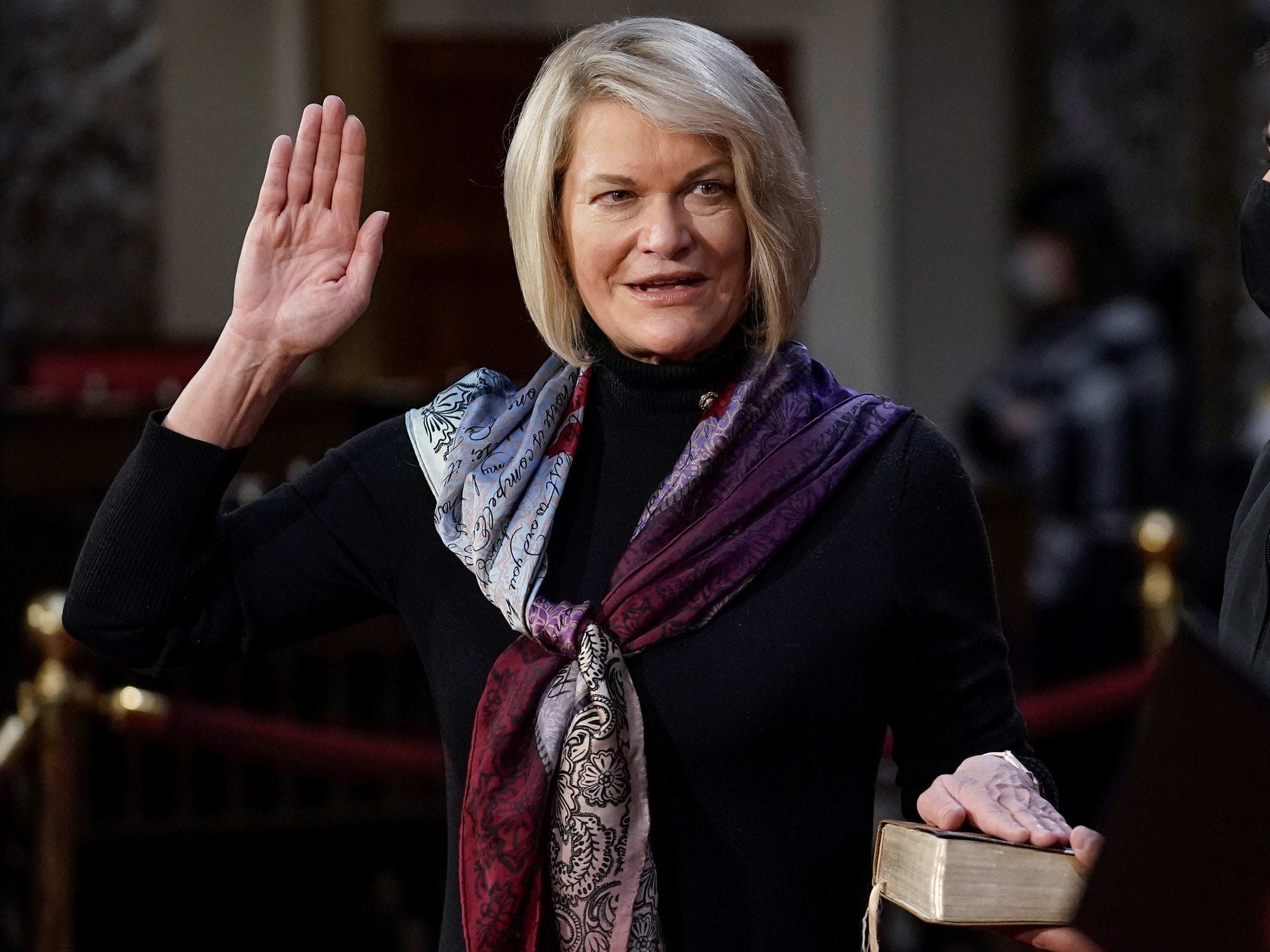 Senator Cynthia Lummis takes the oath of office during a mock swearing-in ceremony in the Old Senate Chamber at the Capitol on 3 January, 2021 in Washington, DC