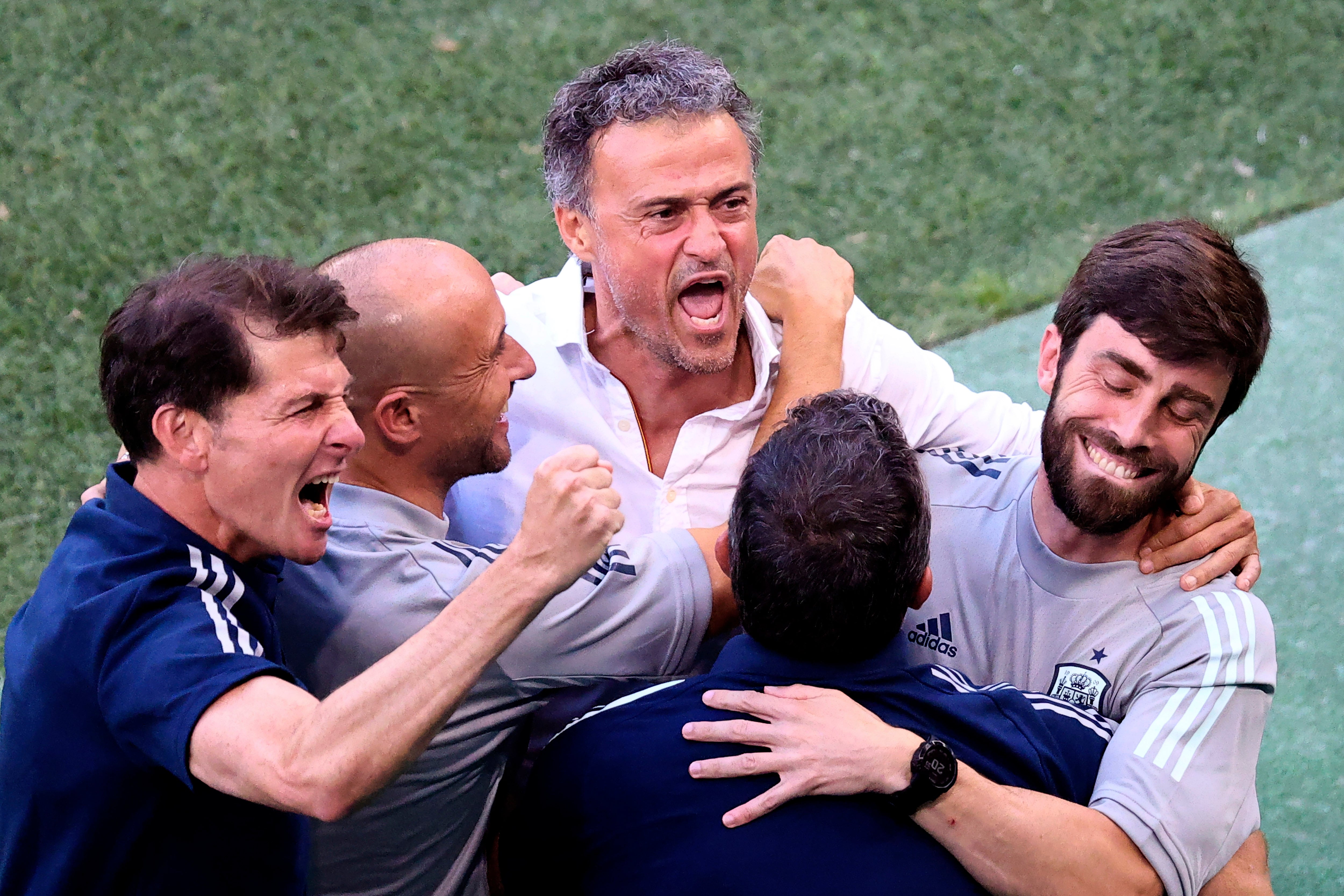 Luis Enrique celebrates victory against Croatia with his backroom staff