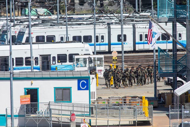 <p>actical law enforcement officers move through the Valley Transportation Authority (VTA) light-rail yard where a mass shooting occurred on May 26, 2021 in San Jose, California</p>