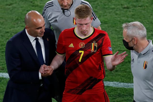 Belgium’s Kevin De Bruyne (centre) faces a race against time to be fit for the Euro 2020 quarter-final against Italy
