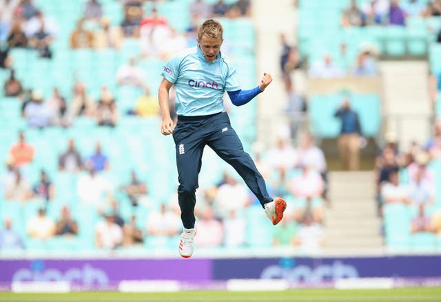 <p>England’s Sam Curran celebrates one of his five wickets</p>