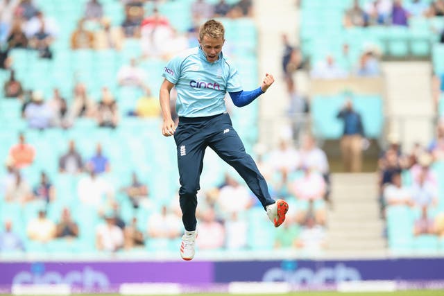 <p>England’s Sam Curran celebrates one of his five wickets</p>