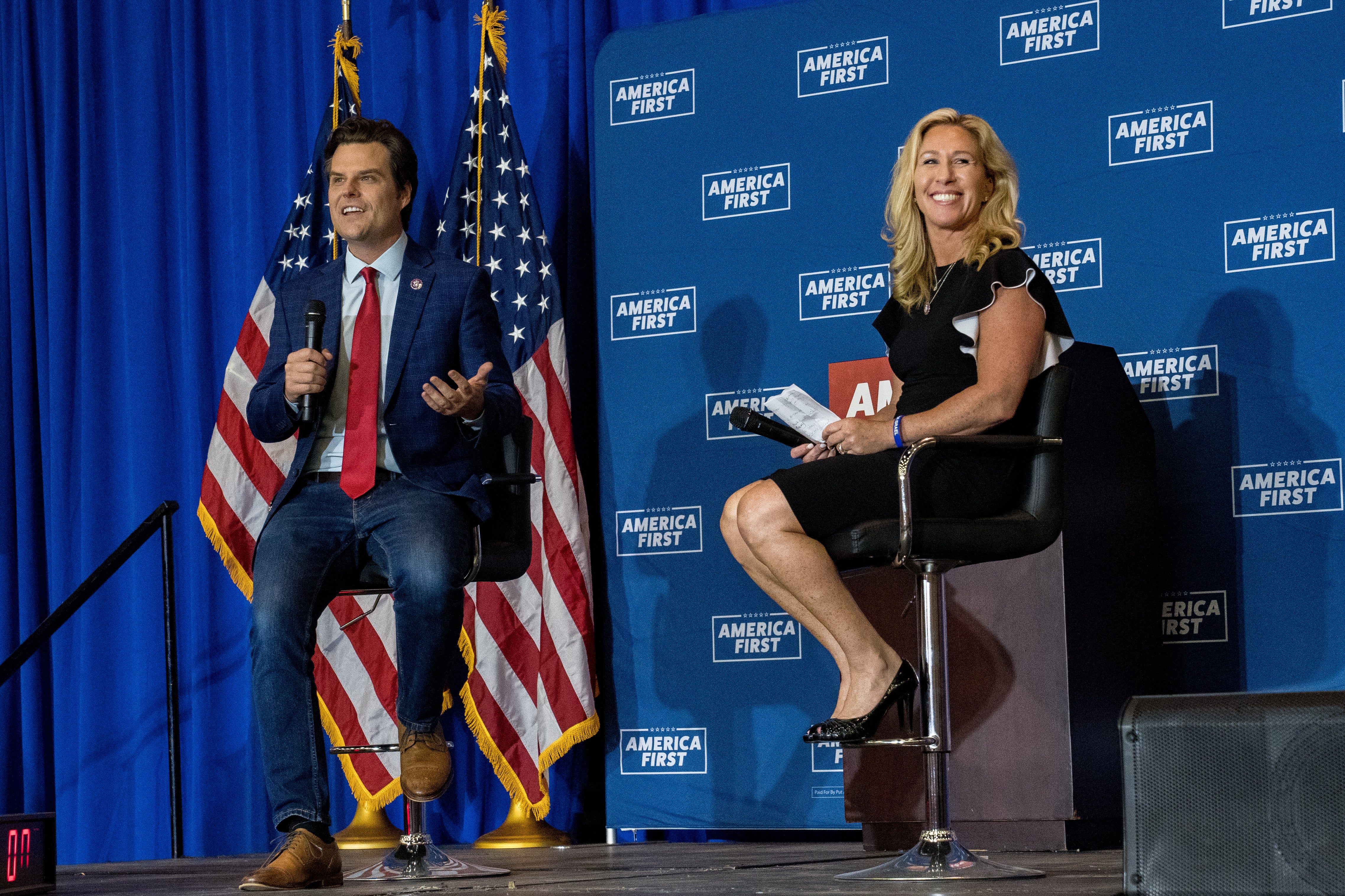 Matt Gaetz and Marjorie Taylor Greene appear at a joint event on 27 May.