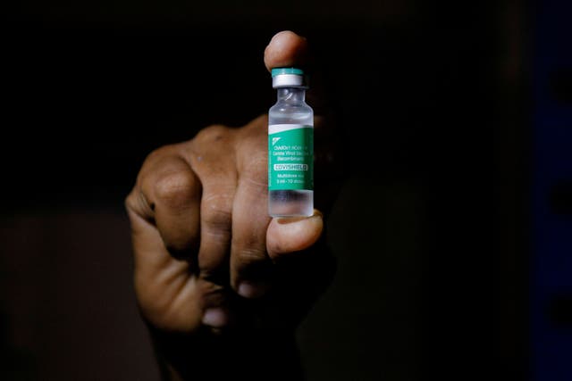 <p>A man in Ghana shows a vial of the Indian-made Covishield version of the AstraZeneca vaccine, which has also been used in the UK</p>