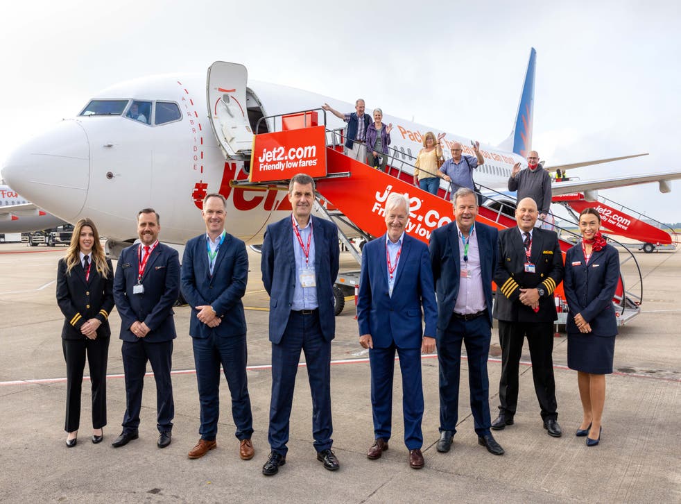 <p>Jet2’s chief executive, Steve Heapy, pictured with his team at Bristol airport</p>