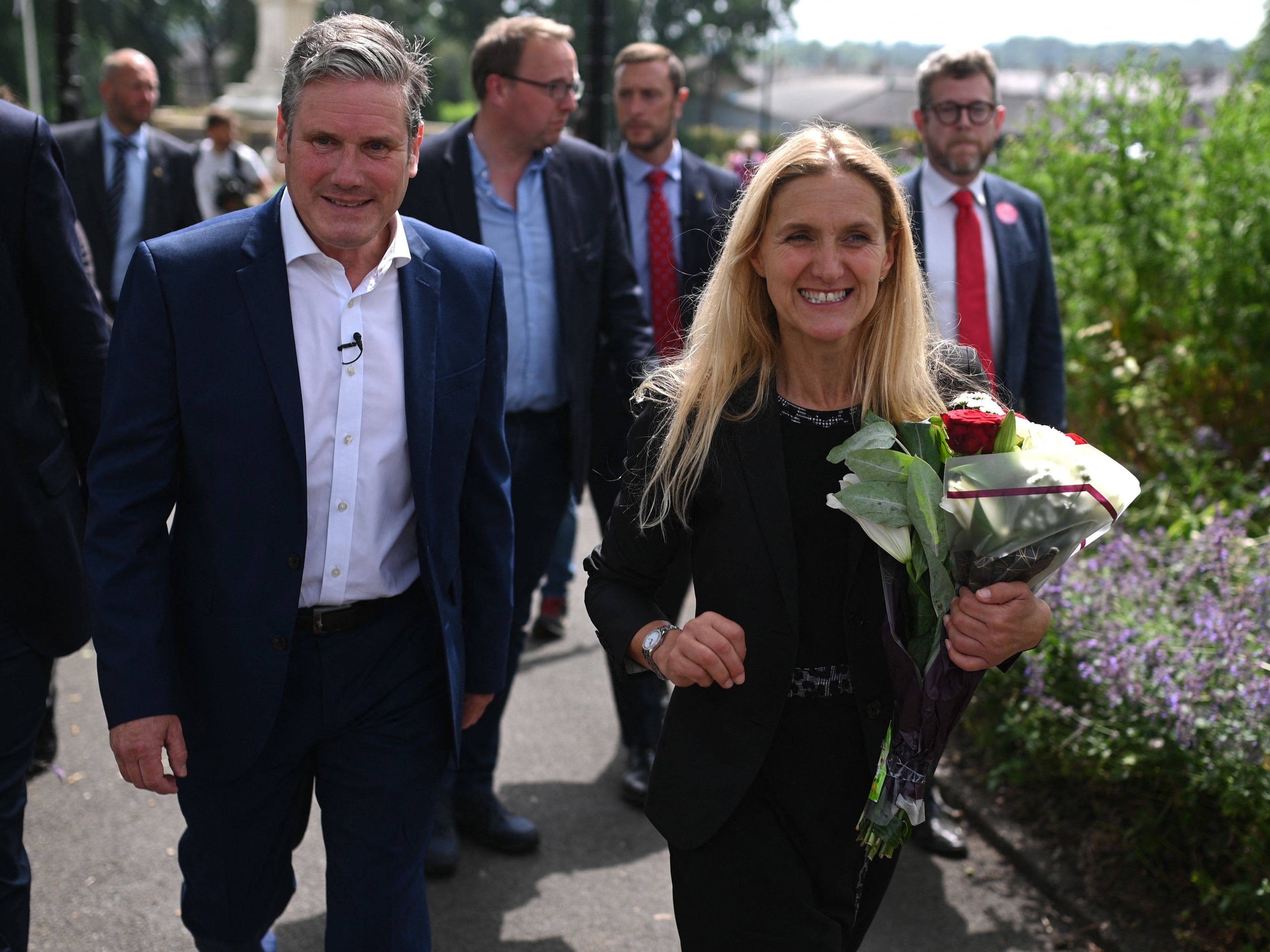 <p>Labour leader Keir Starmer and the party’s newest MP Kim Leadbeater at Cleckheaton Memorial Park on Friday, during a visit following victory in the Batley and Spen by-election</p>