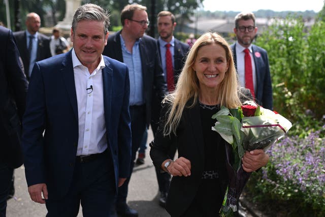 <p>Labour leader Keir Starmer and the party’s newest MP Kim Leadbeater at Cleckheaton Memorial Park on Friday, during a visit following victory in the Batley and Spen by-election</p>