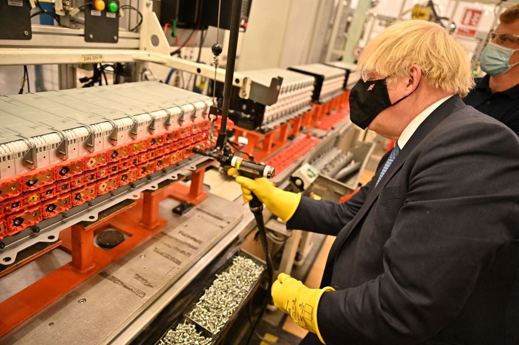 Boris Johnson visits the Envision battery manufacturing facility at the Nissan production plant in Sunderland on 1 July – the company announced plans to build the UK's first car-battery gigafactory