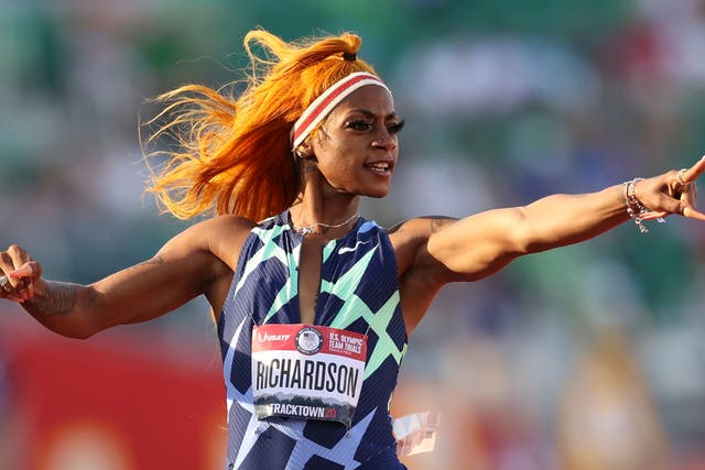 <p> Sha’Carri Richardson at the Women’s 100 Meter semifinal on day 2 of the 2020 US Olympic Track & Field Trials</p>