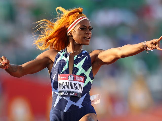 <p> Sha’Carri Richardson at the Women’s 100 Meter semifinal on day 2 of the 2020 US Olympic Track & Field Trials</p>