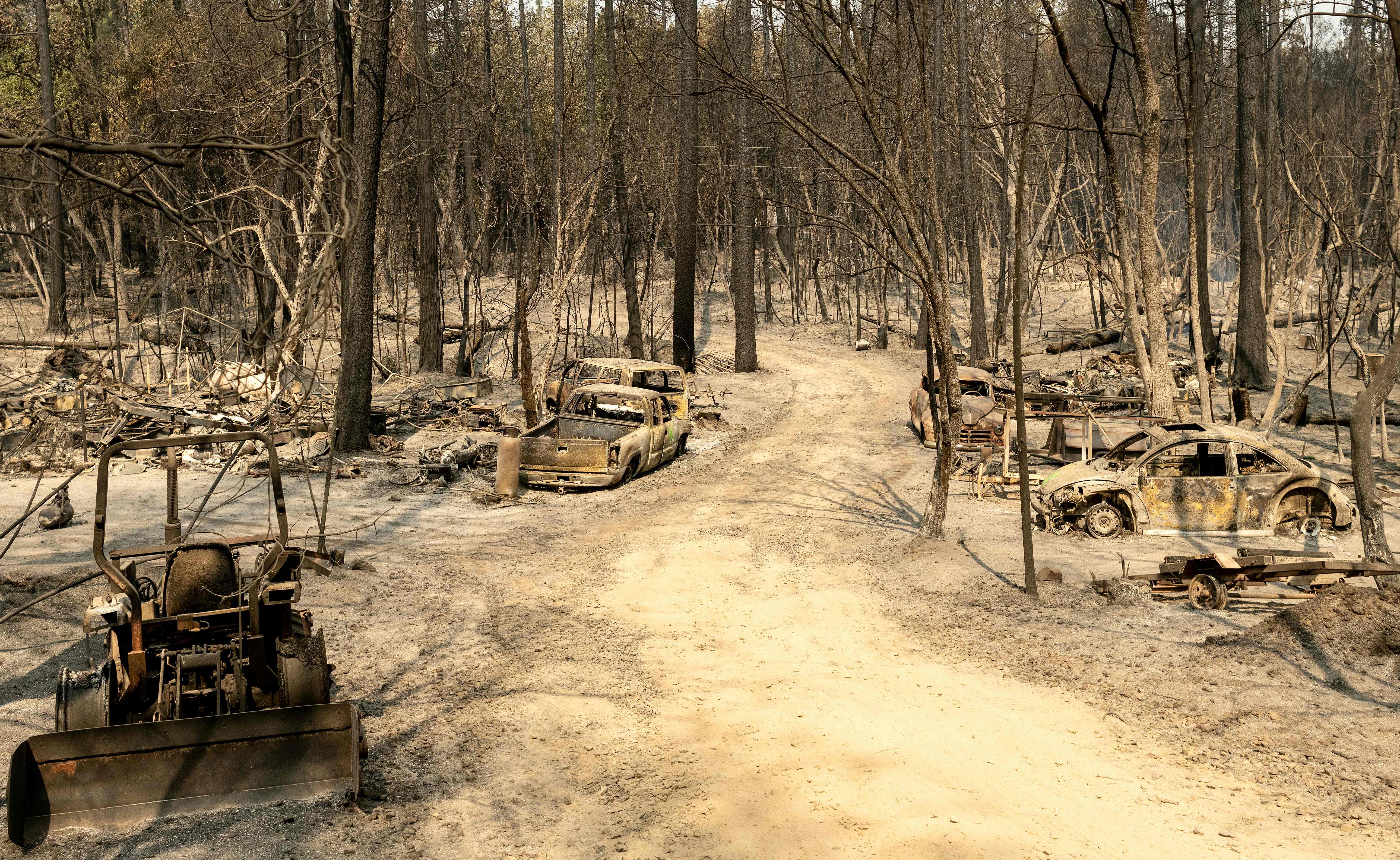 A residential area in the Berry Creek area of northern California smouldering after the Bear Fire tore through the region last September