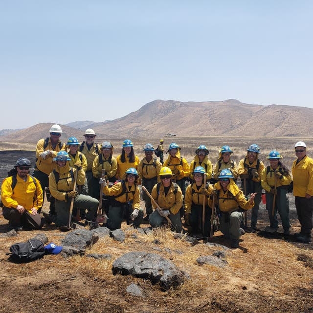 <p>The California Conservation Corps’ Inland Crew 5 with training staff and the reporter outside of San Bernardino, California</p>