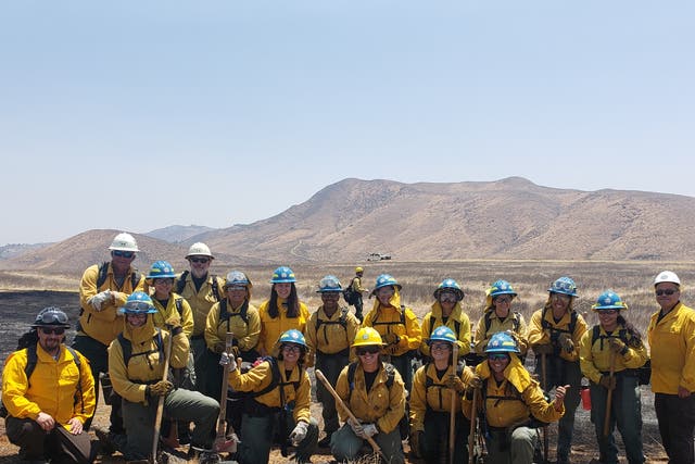 <p>The California Conservation Corps’ Inland Crew 5 with training staff and the reporter outside of San Bernardino, California</p>