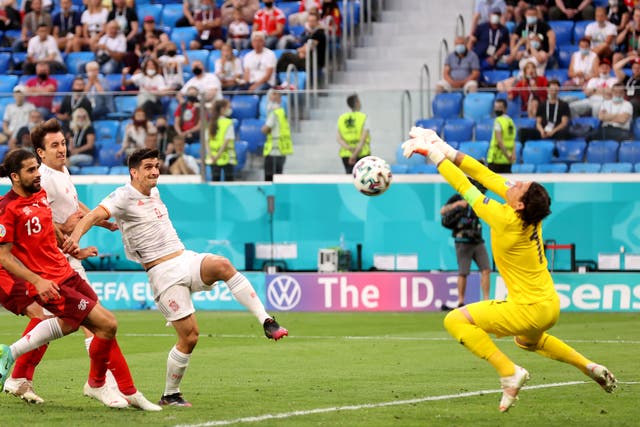 <p>Yann Sommer makes one of many saves to deny Spain</p>