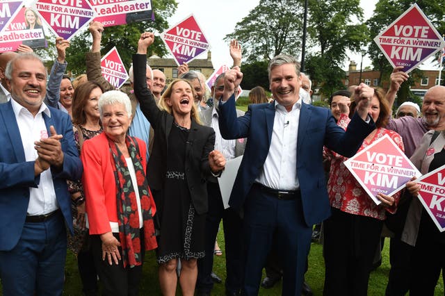 <p>Keir Starmer and Labour candidate Kim Leadbeater celebrate with supporters in Cleckheaton Memorial Park during a visit following Labour's victory in the Batley and Spen by-election, in Cleckheaton, West Yorkshire on July 2</p>