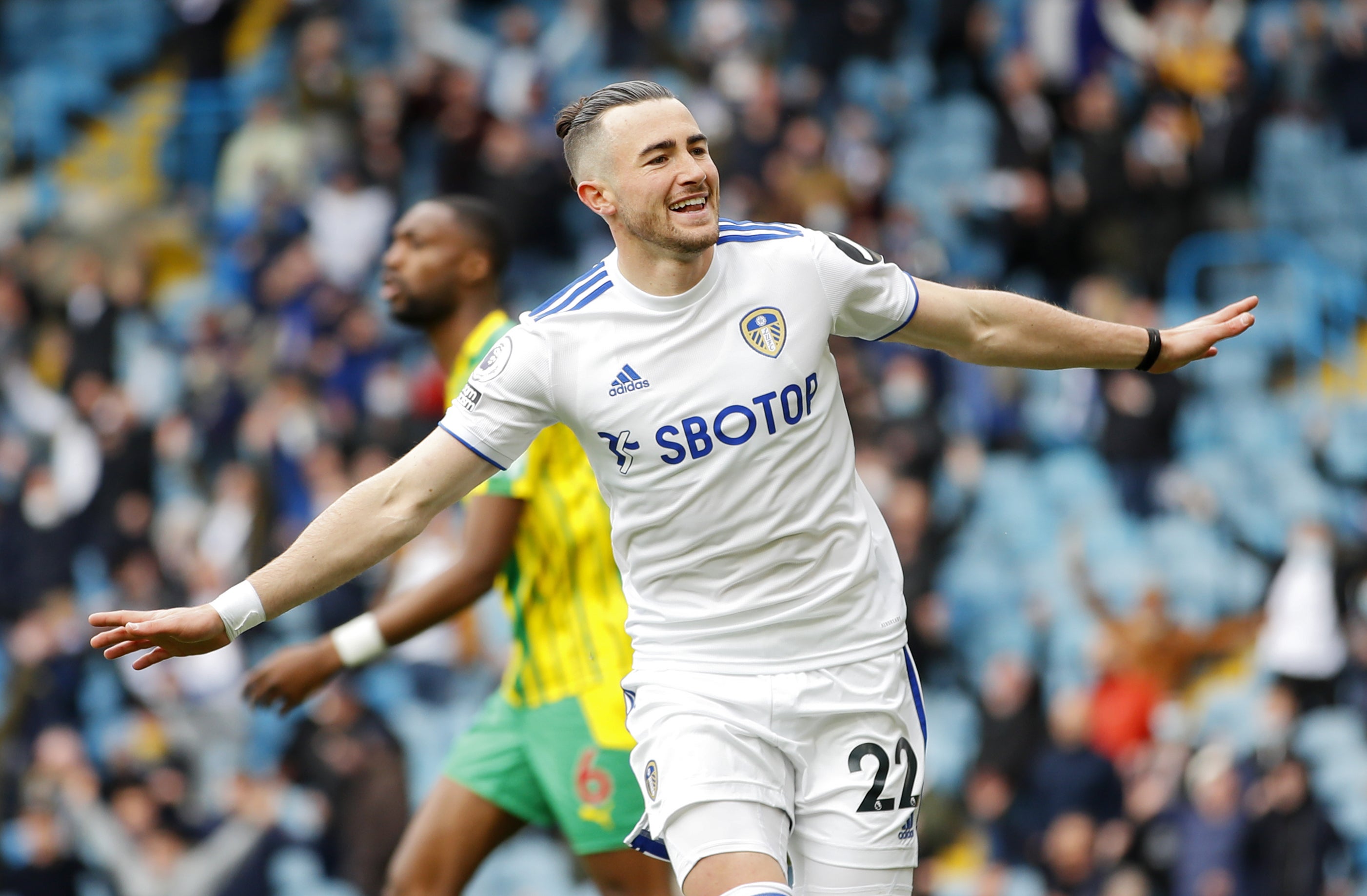 Jack Harrison celebrates a goal for Leeds