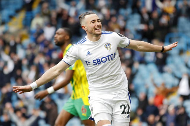 Jack Harrison celebrates a goal for Leeds
