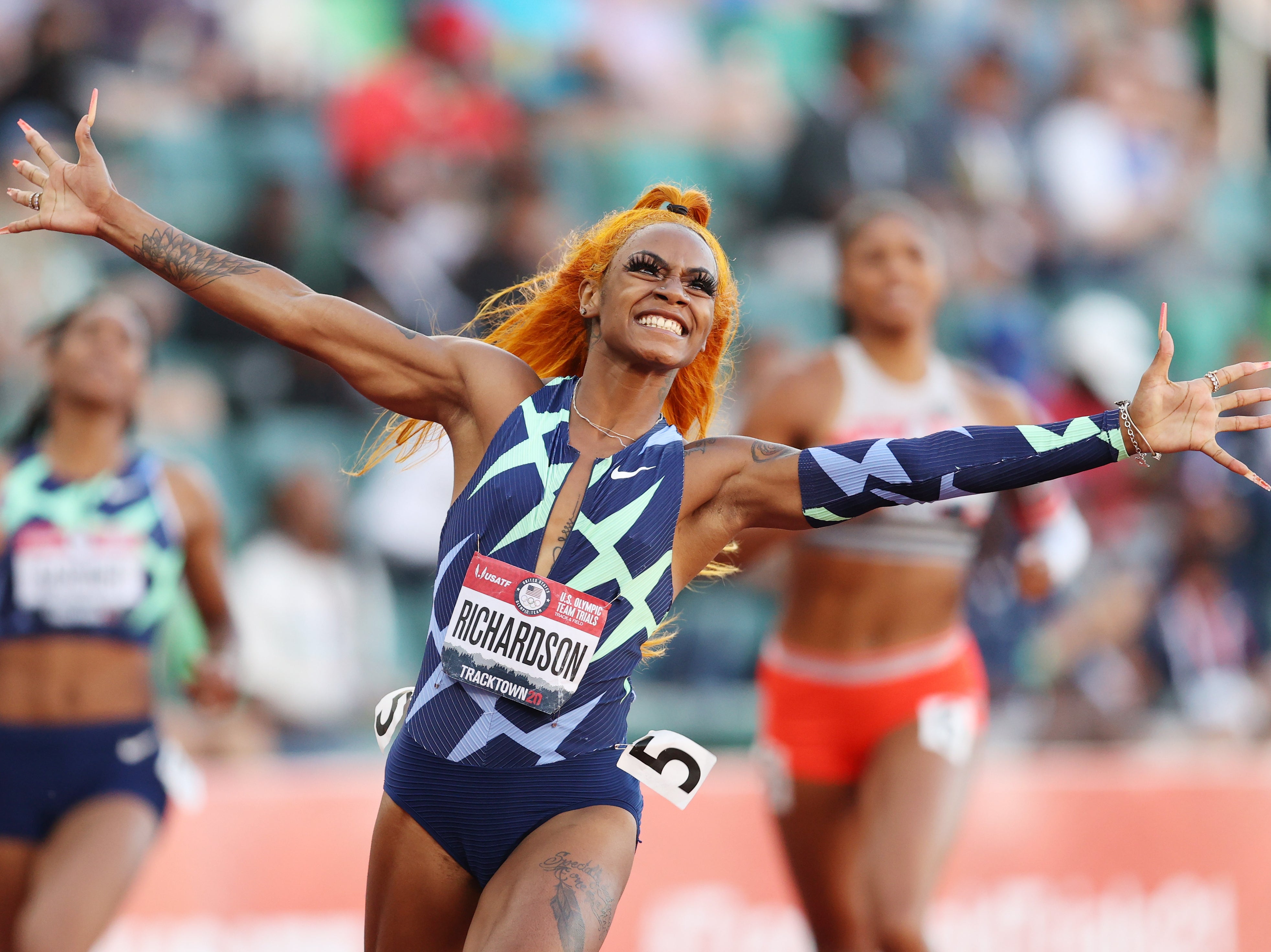 Sha’Carri Richardson celebrates winning the women’s 100-Meter final on day two of the 2020 US Olympic Track & Field Team trials on 19 June 2021 in Eugene, Oregon