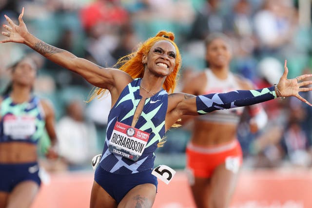 <p>Sha’Carri Richardson celebrates winning the women’s 100-Meter final on day two of the 2020 US Olympic Track & Field Team trials on 19 June 2021 in Eugene, Oregon</p>