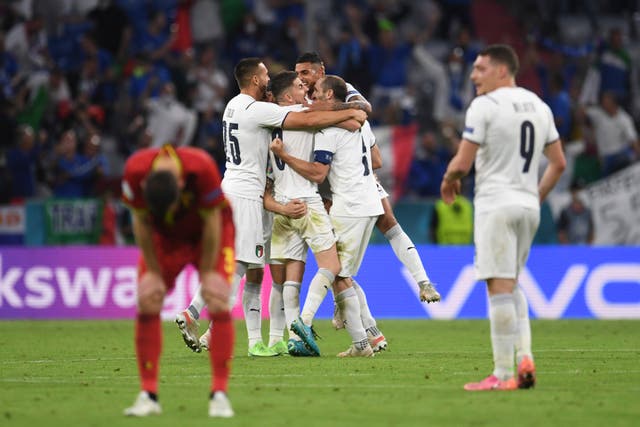 Italy players celebrate after their Euro 2020 quarter-final victory over Belgium