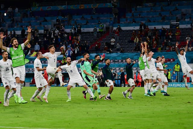 Italy's players celebrate after beating Belgium to reach the semi-finals of Euro 2020