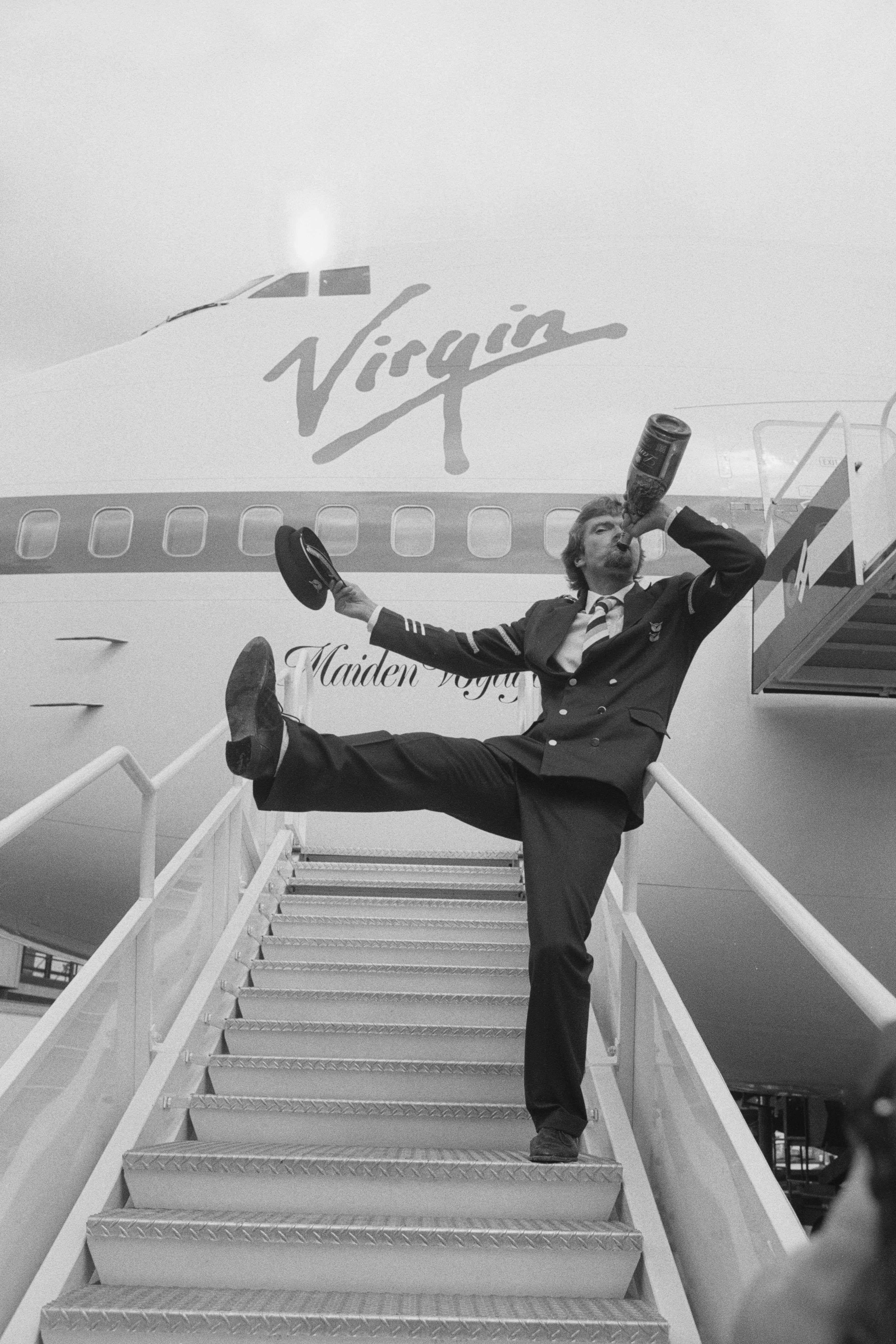 Inaugurating his new airline Virgin Atlantic Airways, on the steps of the Boeing 747-200 ‘Maiden Voyager’, 22nd June 1984