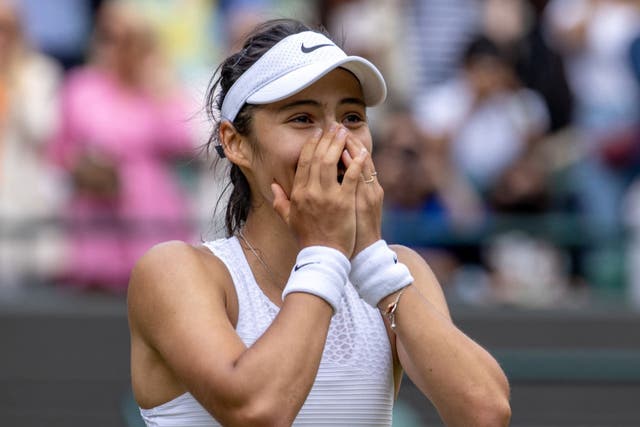 <p>Emma Raducanu celebrates her third round win over Sorana Cirstea on Wimbledon’s Court One on Saturday </p>