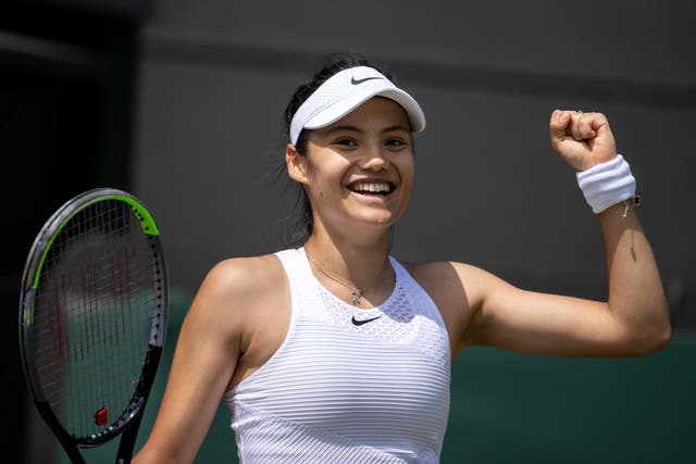 <p>Emma Raducanu celebrates at Wimbledon</p>