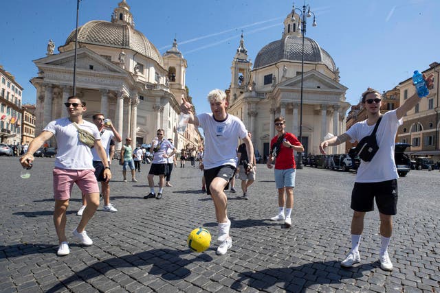 <p>English fans in Rome’s Piazza del Popolo, ahead of the game versus Ukraine</p>