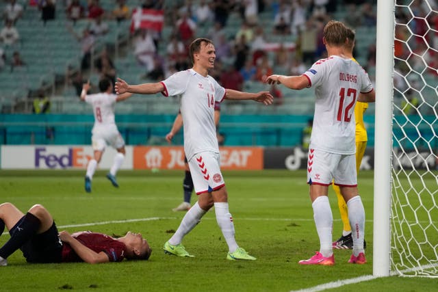 <p>Denmark’s Kasper Dolberg (right) celebrates after scoring against the Czech Republic at Euro 2020</p>