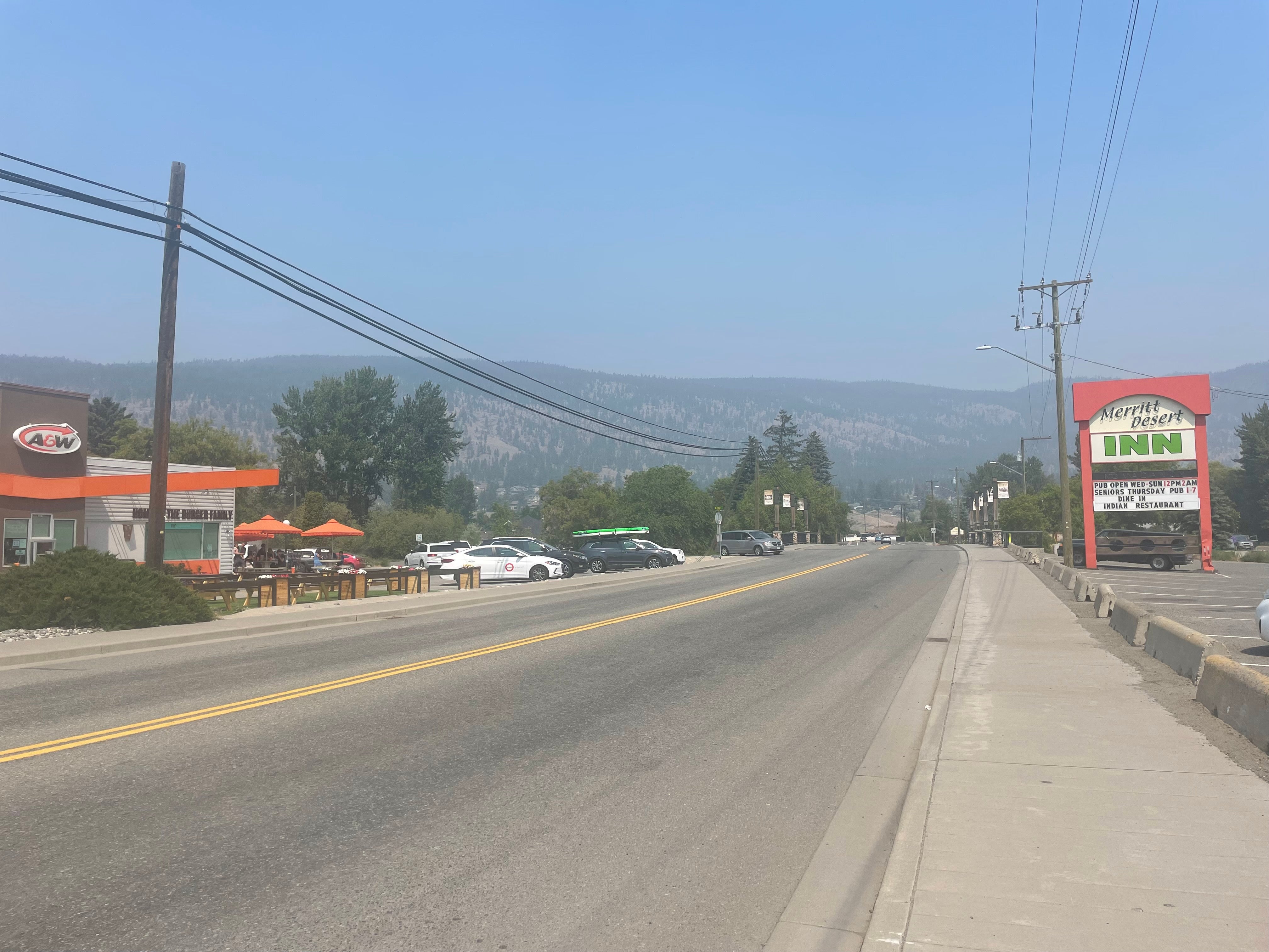 The main street of Merritt, 100 kilometres east of Lytton, the village that was razed to the ground by wildfires earlier this week