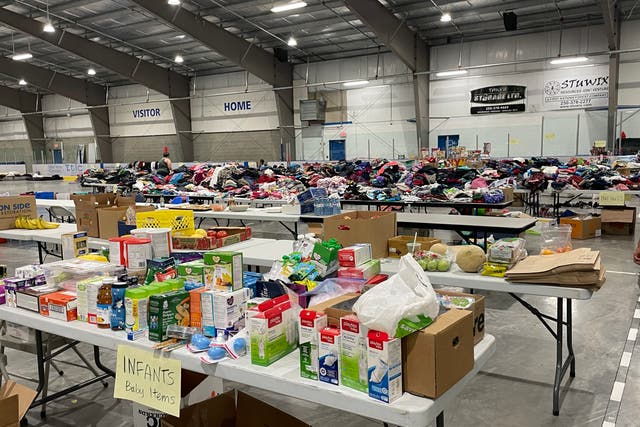 <p>Donations are set up in the hockey rink in the Shulus Community Arena.</p>