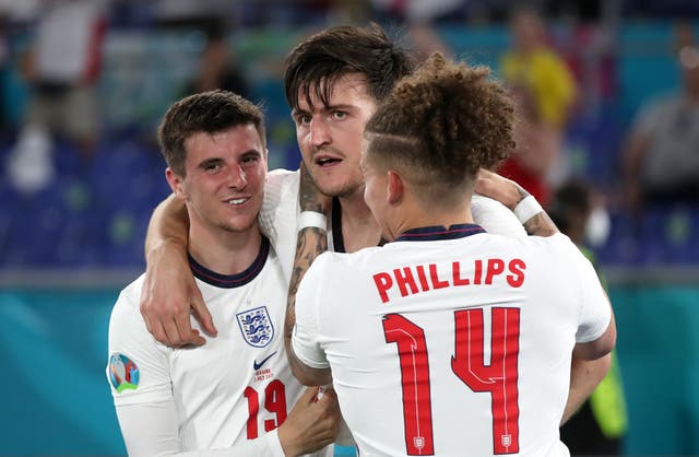 England’s Harry Maguire (centre) celebrates scoring against Ukraine at Euro 2020