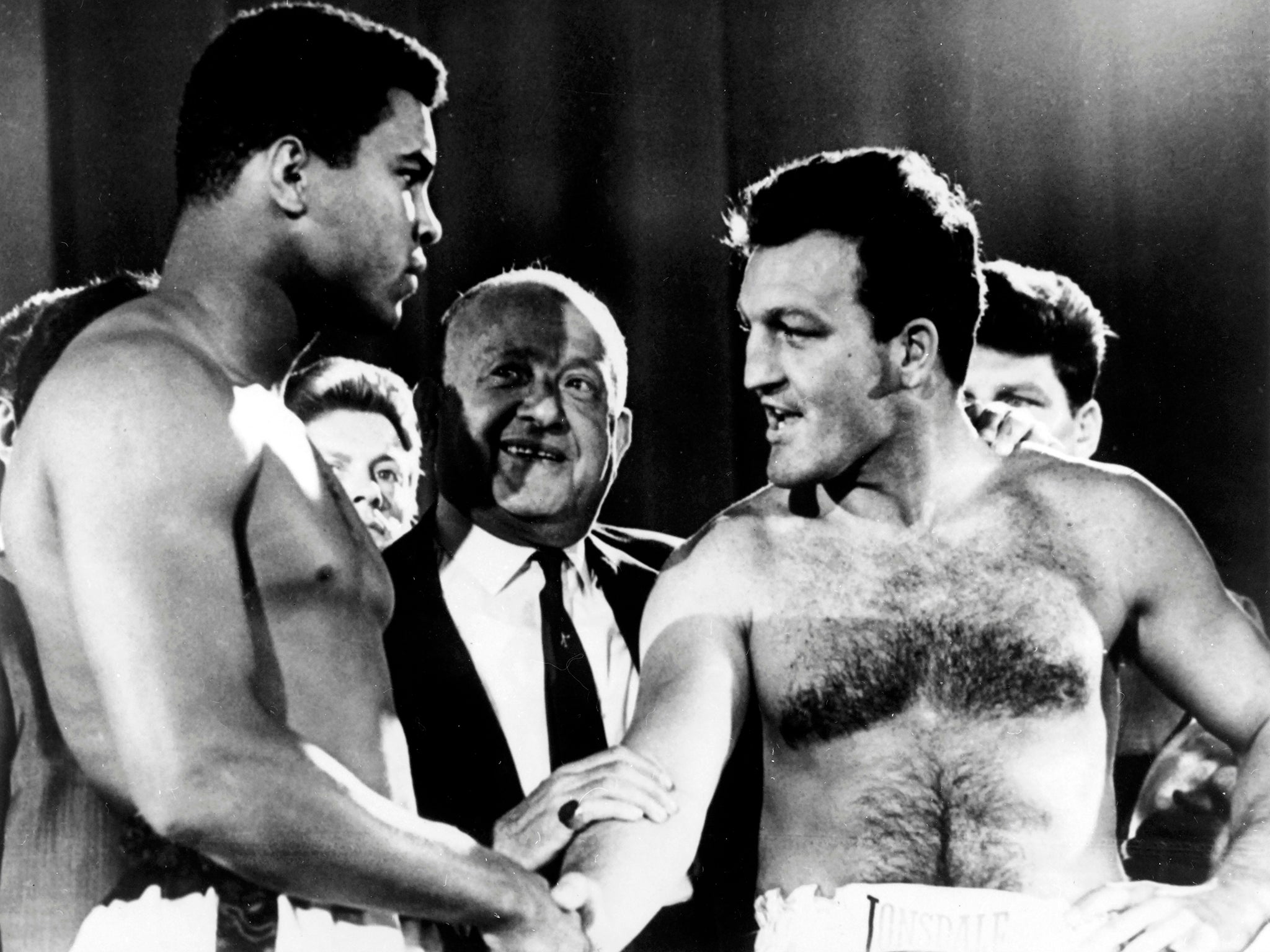 London shakes hands with Muhammad Ali before their Earls Court world title bout in 1966