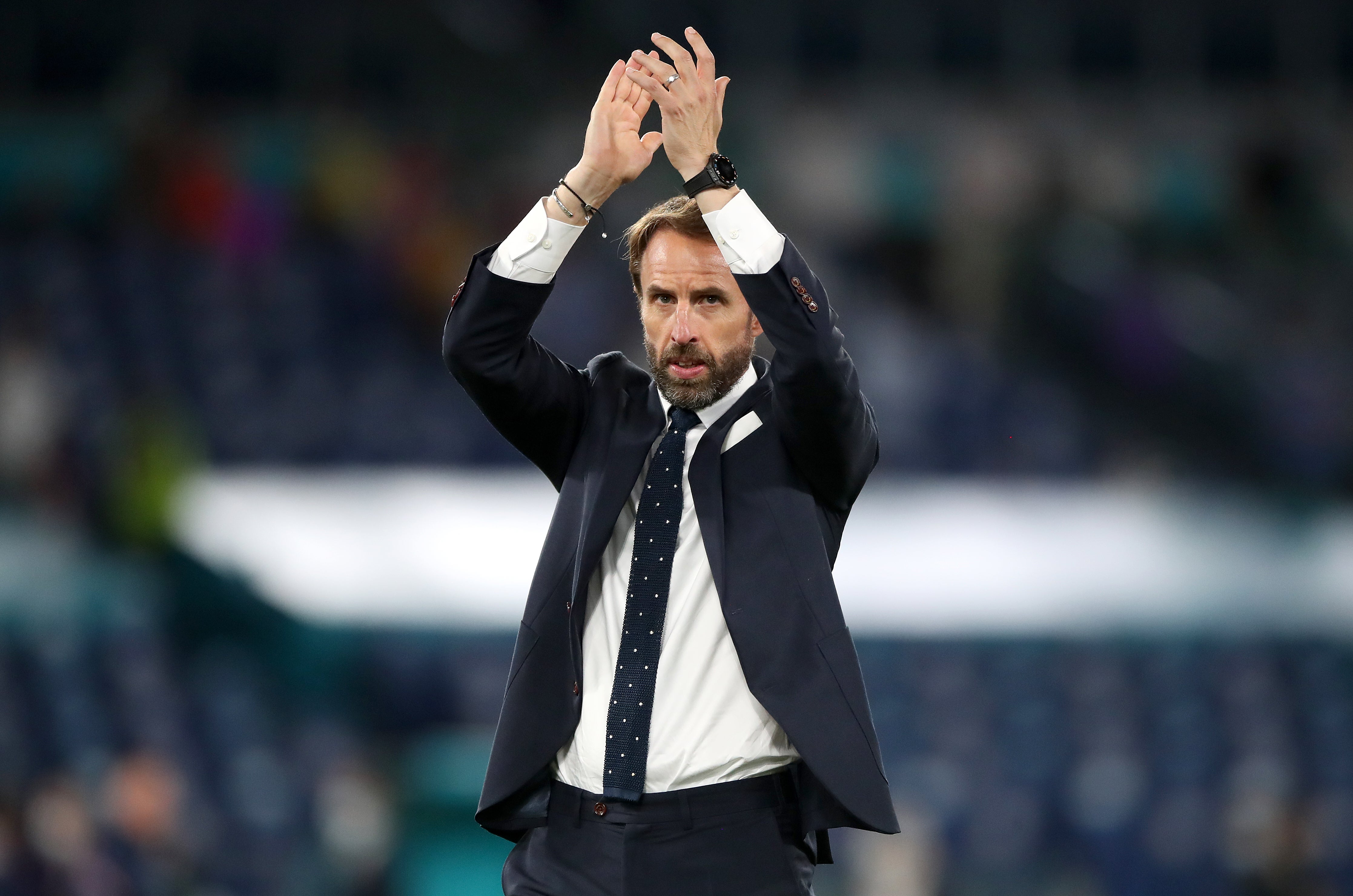 England manager Gareth Southgate applauds the fans after the Euro 2020 quarter-final against Ukraine