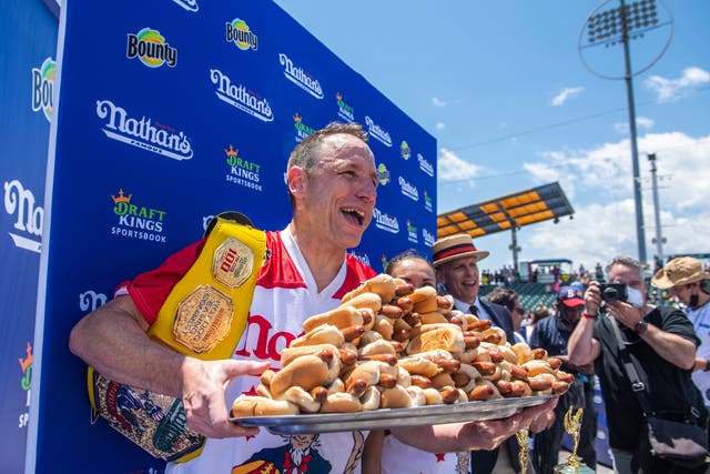 <p>Joey Chestnut won his 14th Nathan’s Famous Hot Dog Eating Contest on Sunday</p>