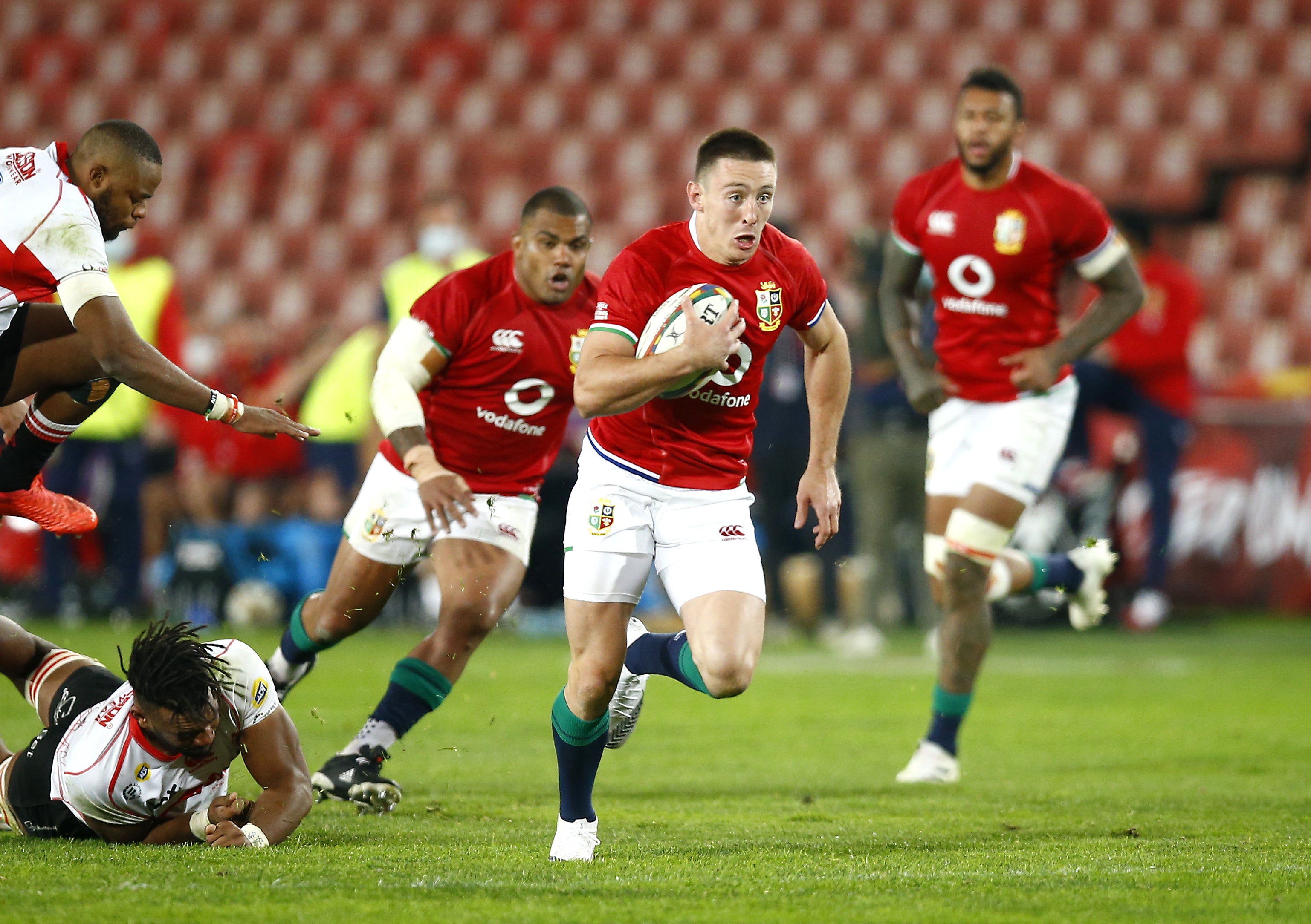 Adams, centre, ran in four tries against Emirates Lions in Johannesburg