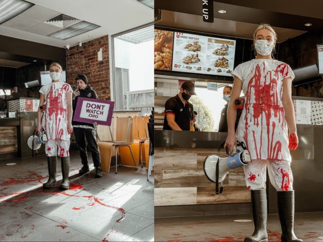 <p>Tash Peterson protesting animal abuse in a KFC in Melbourne</p>