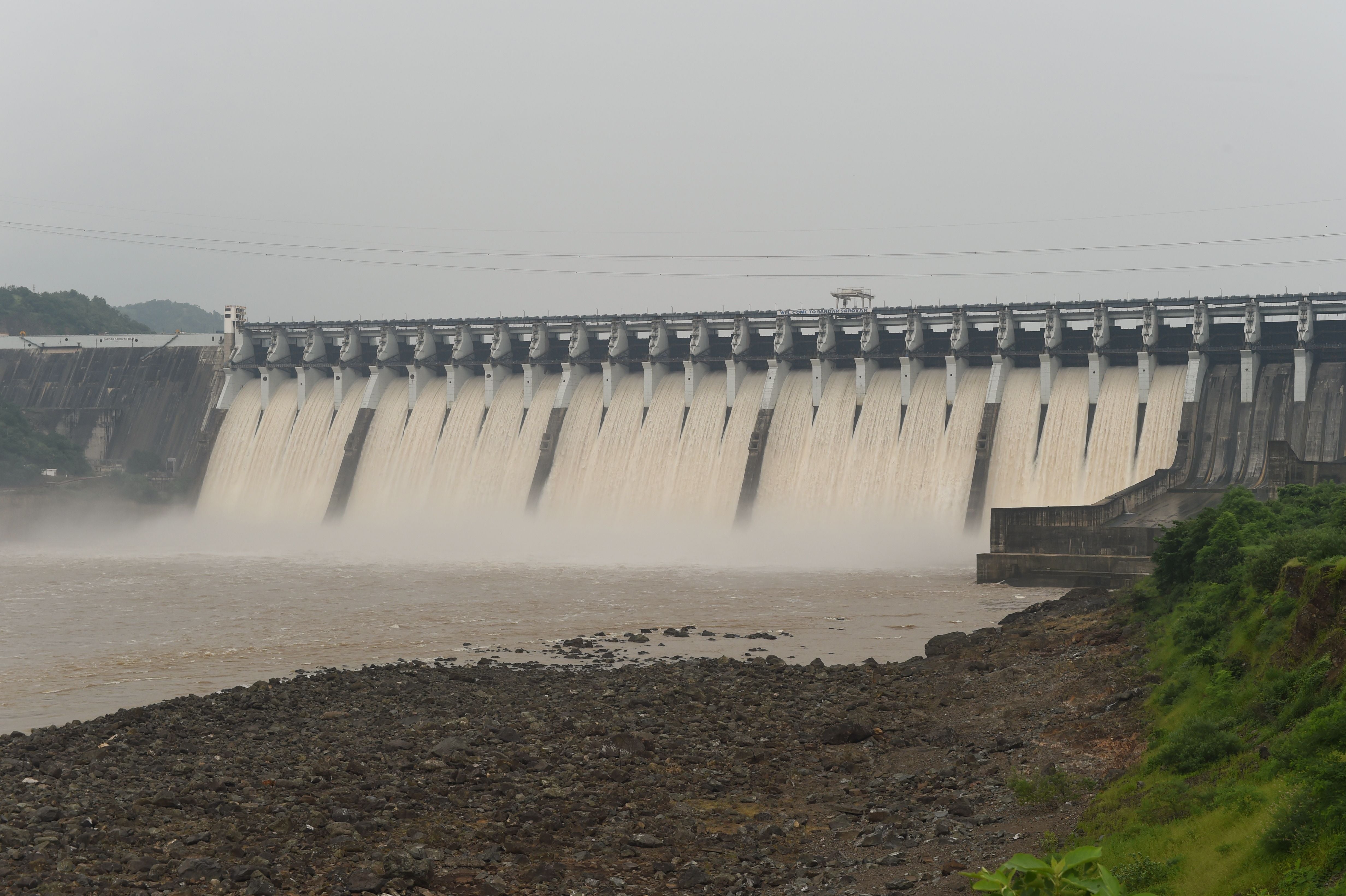 File: Water gushes out of Sardar Sarovar Narmada dam, some 200 km from Indian city of Ahmedabad, on 17 September, 2019