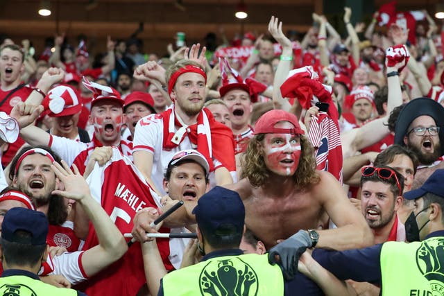 <p>Denmark fans during the team’s quarter-final win over Czech Republic</p>