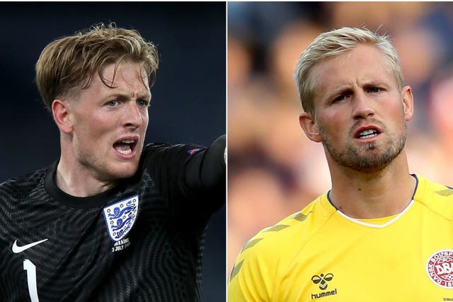 <p>England keeper Jordan Pickford (left) and Denmark counterpart Kasper Schmeichel both made their senior debuts for Darlington</p>