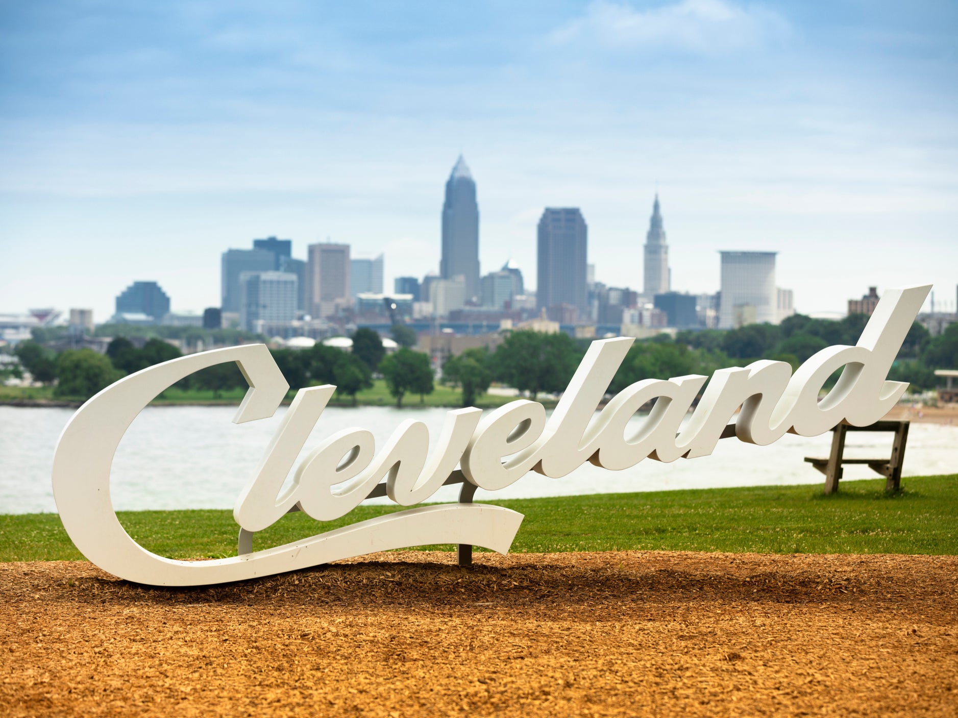 Cleveland, Ohio, USA - June 19, 2018: The famous Cleveland sign landmark script overlooking the downtown skyline and Lake Erie Ohio USA