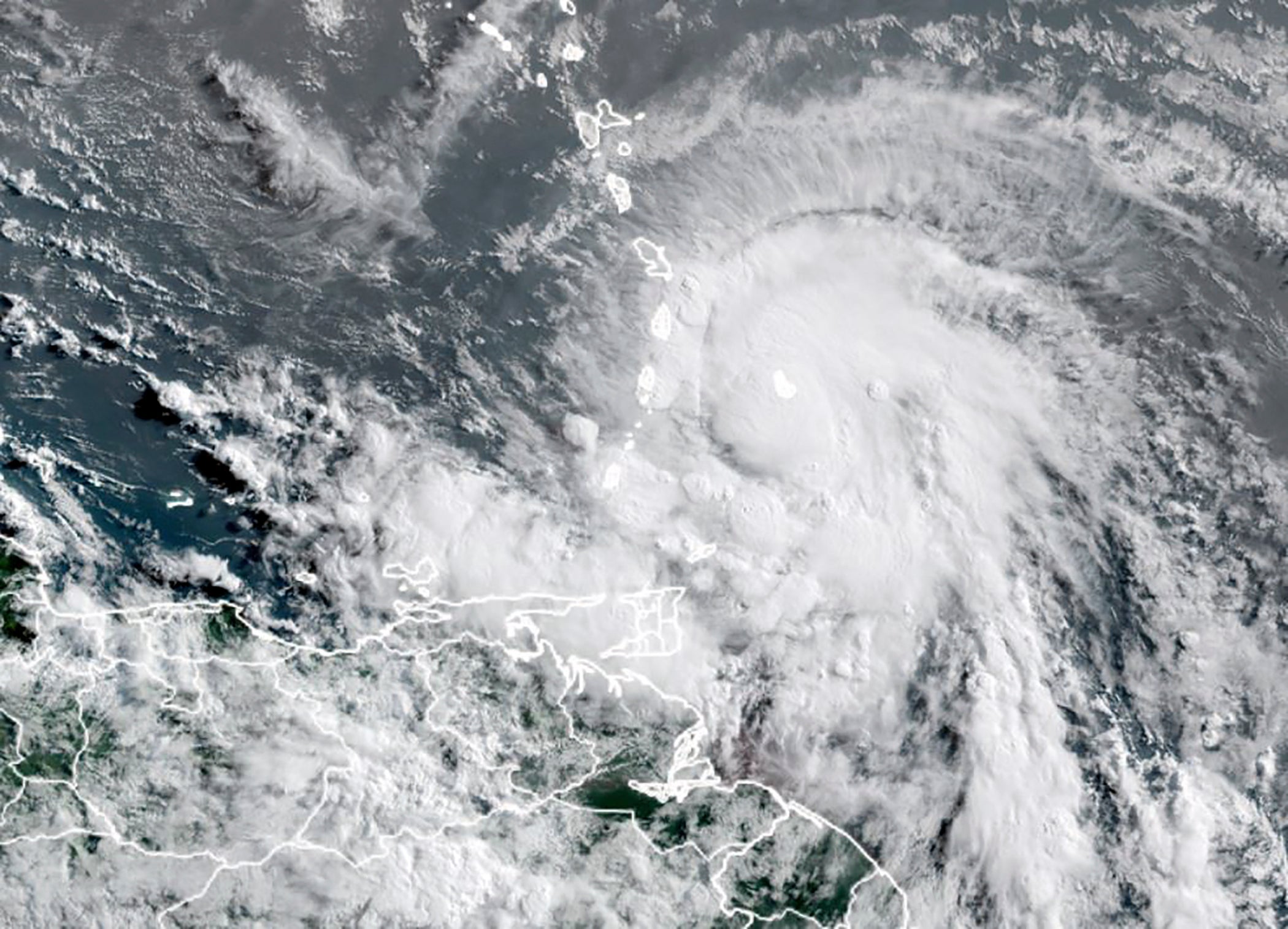 A satellite photo from the National Oceanic and Atmospheric Administration captures Elsa moving in the eastern Caribbean on 4 July.
