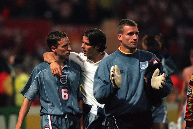 <p>Current England manager Gareth Southgate, left, was in the Euro 96 team</p>