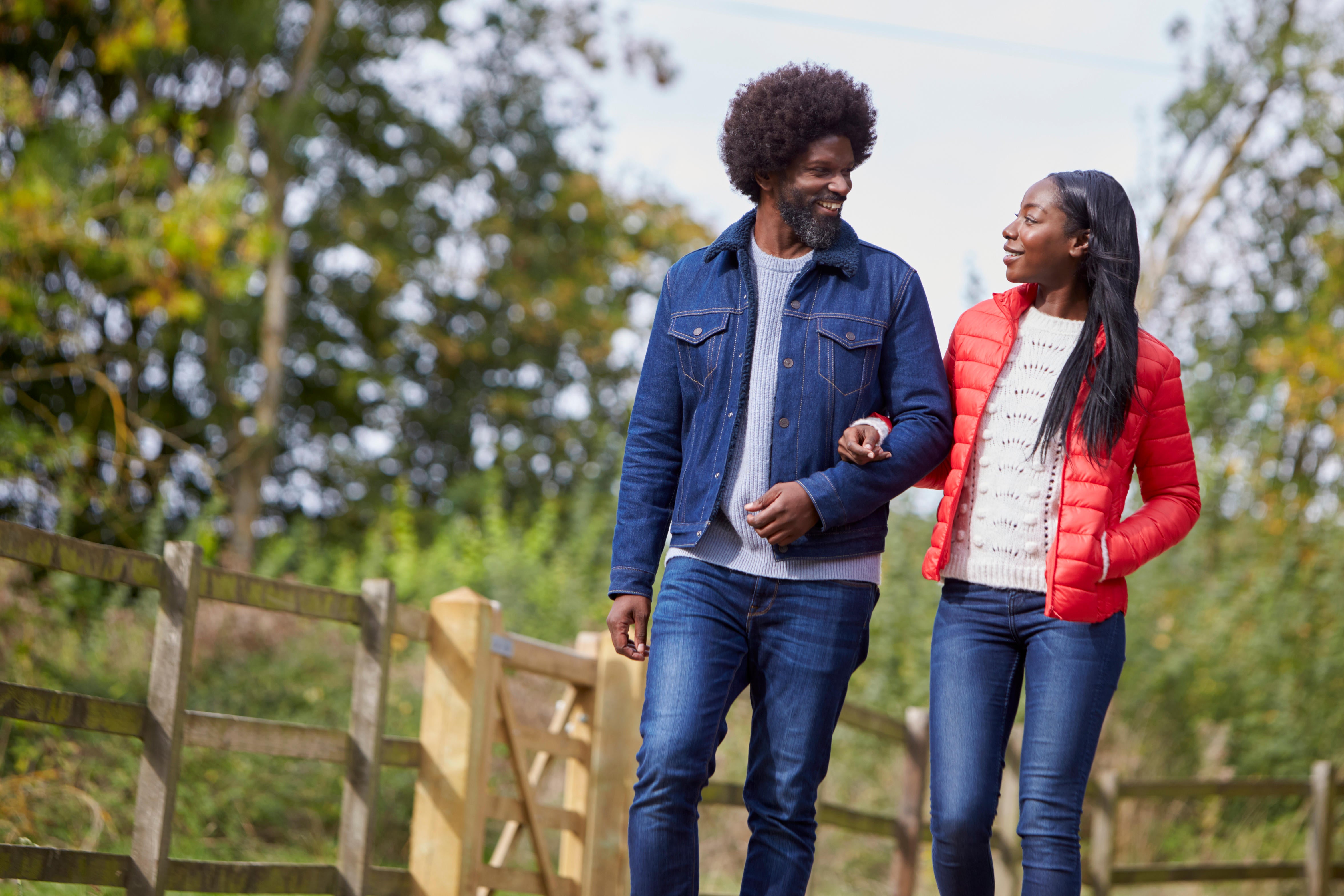 Couple talking and walking