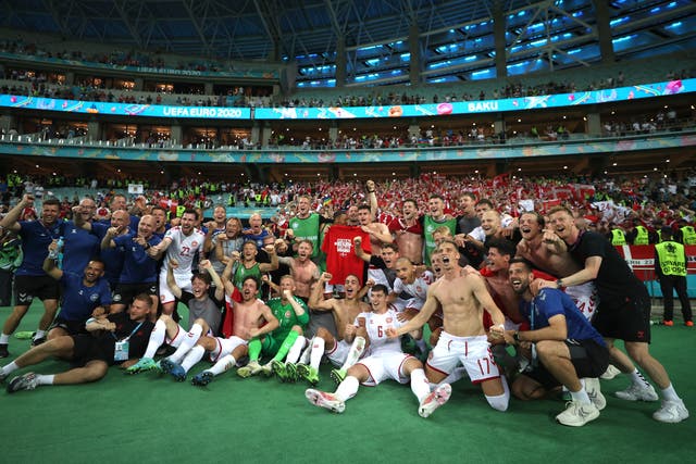 <p>Denmark players celebrate their semi-final victory</p>