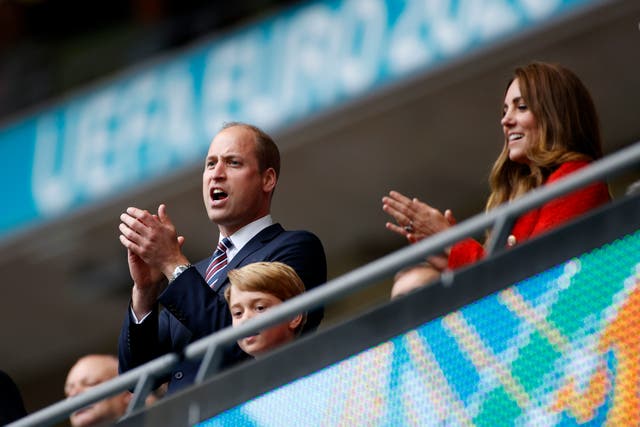<p>The Duke and Duchess of Cambridge and Prince George applaud after the England v Germany Euro 2020 match on 29 June 2021</p>
