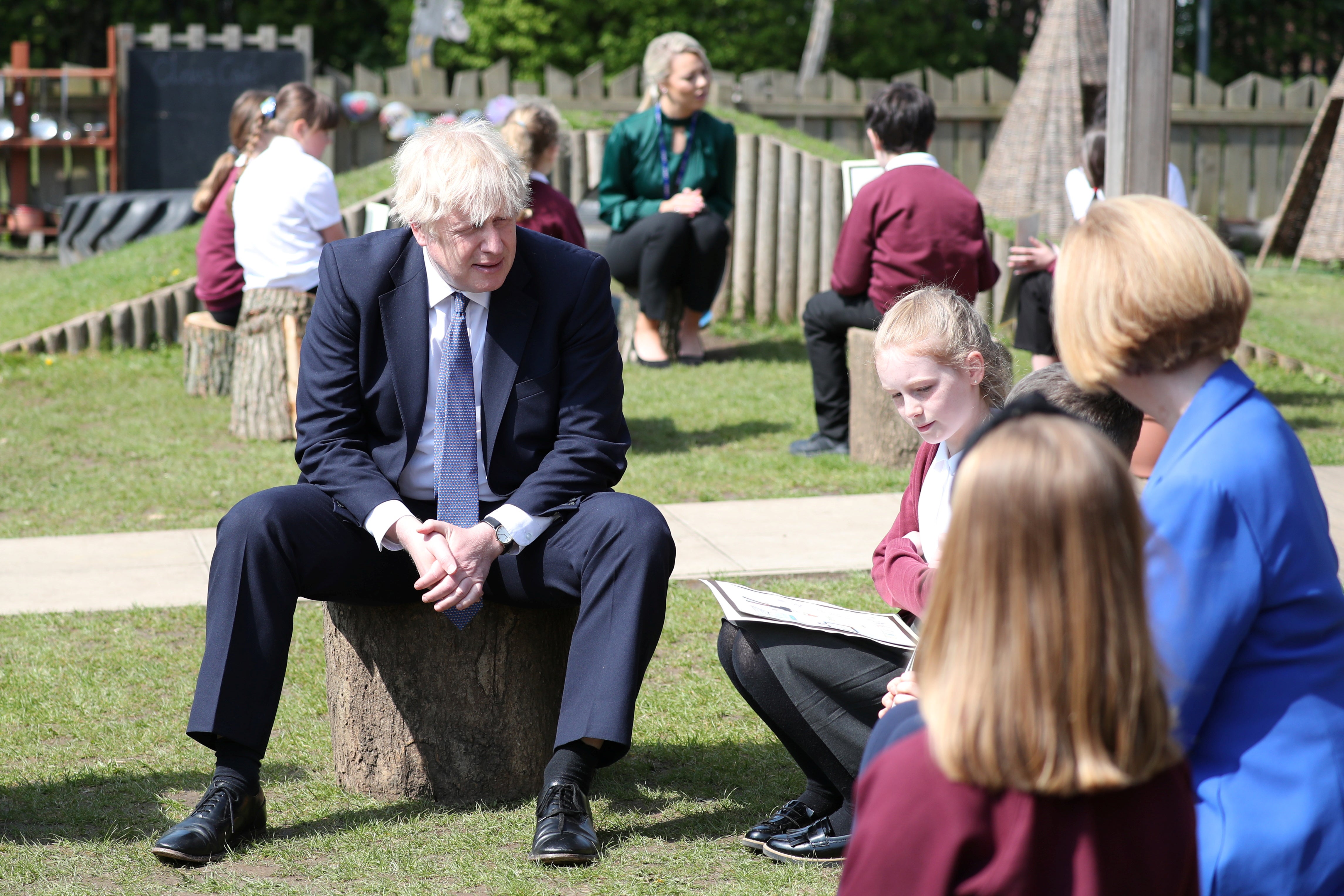 Boris Johnson visiting Cleves Cross Primary School in Ferryhill. The government’s rules on Covid management in schools and colleges is to be overhauled under step 4 of the roadmap