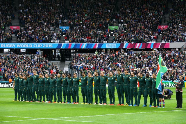 <p>South Africa line up for the anthems</p>